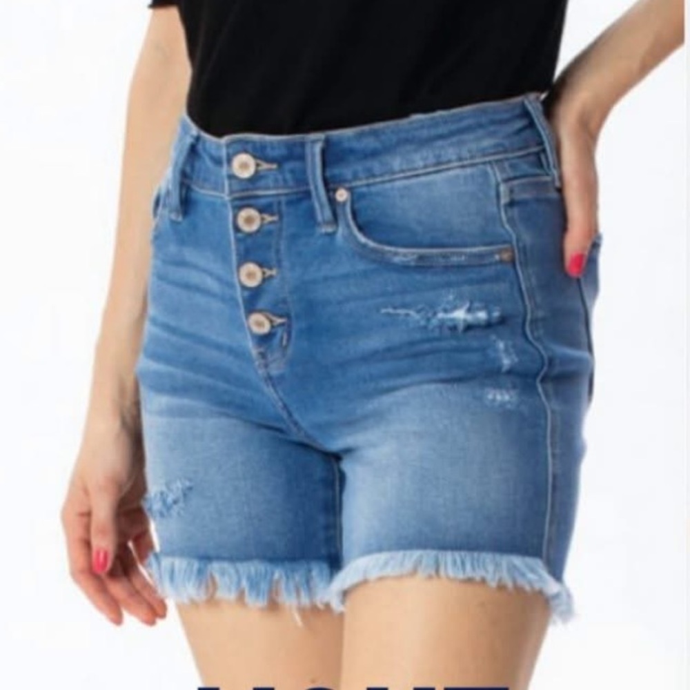 KanCan Button Fly Blue Jean Shorts Lightly Distressed Frayed Hem